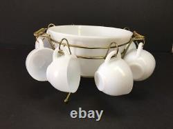 Vintage Federal White Milk Glass Egg Nog Punch Bowl & 8 Mugs Brass Rack Stand