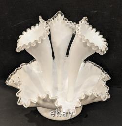 Vintage Fenton 11.5 White Milk Glass Silver Crest 3-Horn Flower Epernge Vase
