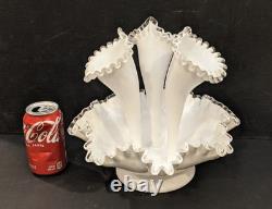 Vintage Fenton 11.5 White Milk Glass Silver Crest 3-Horn Flower Epernge Vase