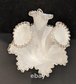 Vintage Fenton 11.5 White Milk Glass Silver Crest 3-Horn Flower Epernge Vase