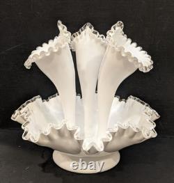Vintage Fenton 11.5 White Milk Glass Silver Crest 3-Horn Flower Epernge Vase