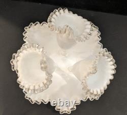 Vintage Fenton 11.5 White Milk Glass Silver Crest 3-Horn Flower Epernge Vase