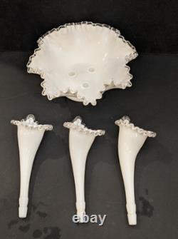 Vintage Fenton 11.5 White Milk Glass Silver Crest 3-Horn Flower Epernge Vase
