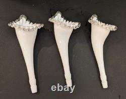 Vintage Fenton 11.5 White Milk Glass Silver Crest 3-Horn Flower Epernge Vase