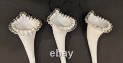 Vintage Fenton 11.5 White Milk Glass Silver Crest 3-Horn Flower Epernge Vase