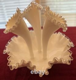 Vintage Fenton 12 3-Horn Epergne Ruffled Edge Milk Glass White Silver Crest
