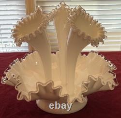 Vintage Fenton 12 3-Horn Epergne Ruffled Edge Milk Glass White Silver Crest
