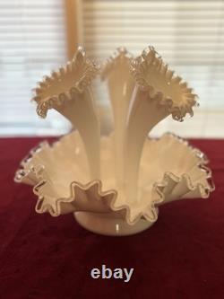 Vintage Fenton 12 3-Horn Epergne Ruffled Edge Milk Glass White Silver Crest