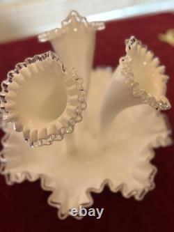 Vintage Fenton 12 3-Horn Epergne Ruffled Edge Milk Glass White Silver Crest