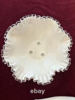 Vintage Fenton 12 3-Horn Epergne Ruffled Edge Milk Glass White Silver Crest