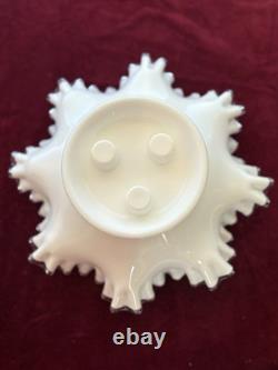 Vintage Fenton 12 3-Horn Epergne Ruffled Edge Milk Glass White Silver Crest