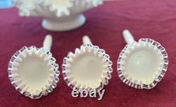 Vintage Fenton 12 3-Horn Epergne Ruffled Edge Milk Glass White Silver Crest