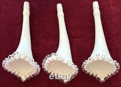 Vintage Fenton 12 3-Horn Epergne Ruffled Edge Milk Glass White Silver Crest