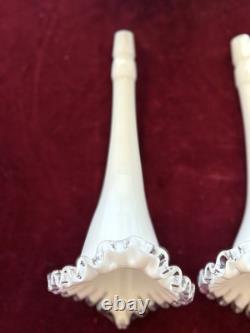 Vintage Fenton 12 3-Horn Epergne Ruffled Edge Milk Glass White Silver Crest