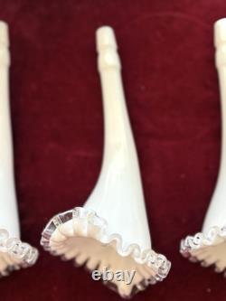 Vintage Fenton 12 3-Horn Epergne Ruffled Edge Milk Glass White Silver Crest