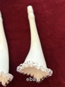 Vintage Fenton 12 3-Horn Epergne Ruffled Edge Milk Glass White Silver Crest