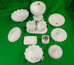 Vintage Fenton 12 Piece White Milk Glass Set Lighter Creamer Sugar Covered Bowl