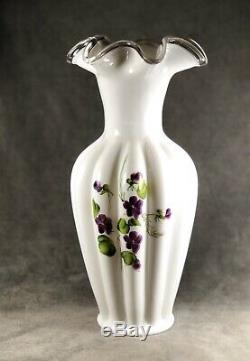 Vintage Fenton 12 Silver Crest Violets In The Snow Vase w / Ferns