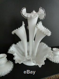 Vintage Fenton 7 Piece Epergne Set White Silver Crest Milk Glass Candleholders