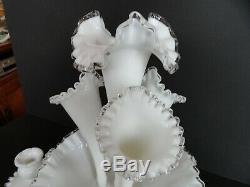 Vintage Fenton 7 Piece Epergne Set White Silver Crest Milk Glass Candleholders