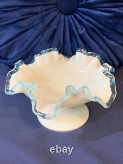 Vintage Fenton Aqua Blue Crest Milk Glass Ruffled Edge Footed Candy Dish