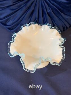 Vintage Fenton Aqua Blue Crest Milk Glass Ruffled Edge Footed Candy Dish
