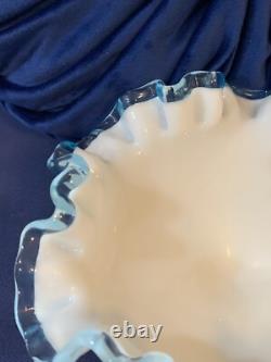 Vintage Fenton Aqua Blue Crest Milk Glass Ruffled Edge Footed Candy Dish