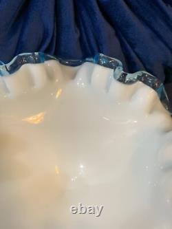 Vintage Fenton Aqua Blue Crest Milk Glass Ruffled Edge Footed Candy Dish