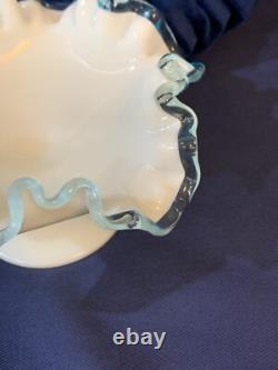 Vintage Fenton Aqua Blue Crest Milk Glass Ruffled Edge Footed Candy Dish