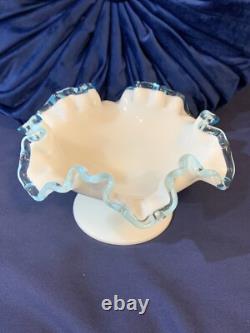 Vintage Fenton Aqua Blue Crest Milk Glass Ruffled Edge Footed Candy Dish