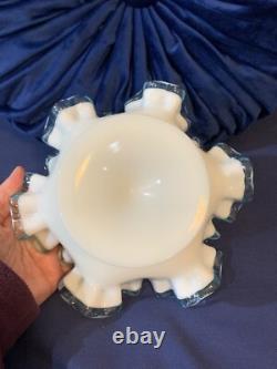Vintage Fenton Aqua Blue Crest Milk Glass Ruffled Edge Footed Candy Dish