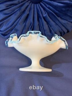 Vintage Fenton Aqua Blue Crest Milk Glass Ruffled Edge Footed Candy Dish