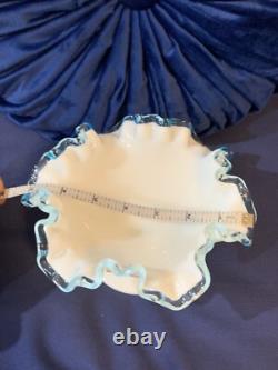 Vintage Fenton Aqua Blue Crest Milk Glass Ruffled Edge Footed Candy Dish
