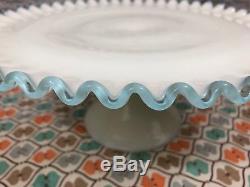 Vintage Fenton Aqua Blue Milk Glass Ribbon Edge Cake Plate Pedestal Stand Rare