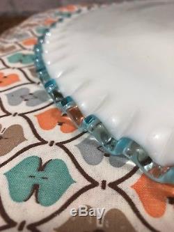 Vintage Fenton Aqua Blue Milk Glass Ribbon Edge Cake Plate Pedestal Stand Rare