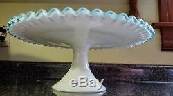 Vintage Fenton Aqua Crest Milk Glass Pedestal Cake Stand 13 Wide 5 tall