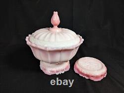 Vintage Fenton Art Glass Rosalene Pink Milk Glass Covered Candy Dish w Ogee Base