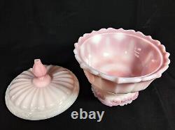 Vintage Fenton Art Glass Rosalene Pink Milk Glass Covered Candy Dish w Ogee Base