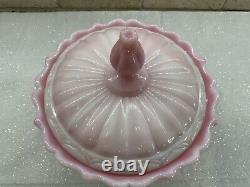 Vintage Fenton Art Glass Rosalene Pink Milk Glass Covered Candy Dish w Ogee Base