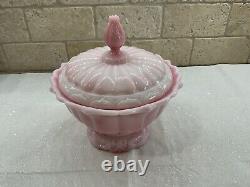 Vintage Fenton Art Glass Rosalene Pink Milk Glass Covered Candy Dish w Ogee Base