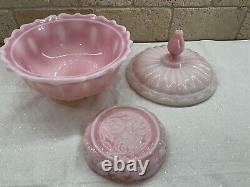 Vintage Fenton Art Glass Rosalene Pink Milk Glass Covered Candy Dish w Ogee Base