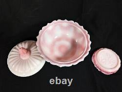 Vintage Fenton Art Glass Rosalene Pink Milk Glass Covered Candy Dish w Ogee Base