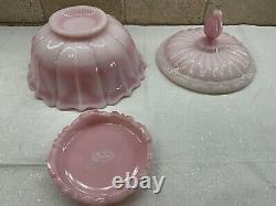 Vintage Fenton Art Glass Rosalene Pink Milk Glass Covered Candy Dish w Ogee Base