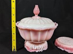 Vintage Fenton Art Glass Rosalene Pink Milk Glass Covered Candy Dish w Ogee Base