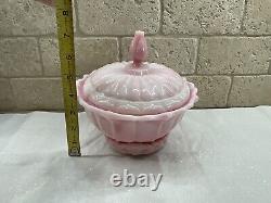 Vintage Fenton Art Glass Rosalene Pink Milk Glass Covered Candy Dish w Ogee Base