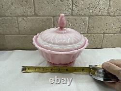 Vintage Fenton Art Glass Rosalene Pink Milk Glass Covered Candy Dish w Ogee Base