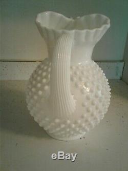 Vintage Fenton Art Glass White Milk Glass Hobnail Large Pitcher and Bowl Set