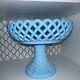 Vintage Fenton Blue Milk Glass Pedestal Open Lattice Fruit Bowl Compote-rare