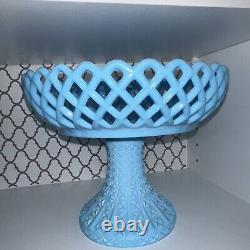 Vintage Fenton BLUE MILK GLASS PEDESTAL OPEN LATTICE FRUIT BOWL COMPOTE-RARE