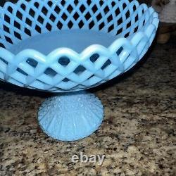 Vintage Fenton BLUE MILK GLASS PEDESTAL OPEN LATTICE FRUIT BOWL COMPOTE-RARE